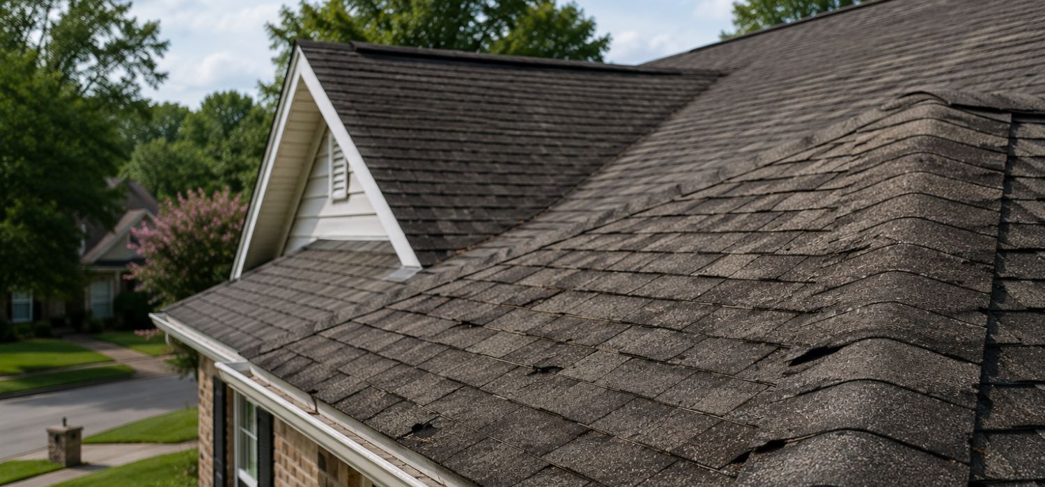 Older asphalt shingle roof on a single-family home showing visible wear and aging in a quiet suburban neighborhood.